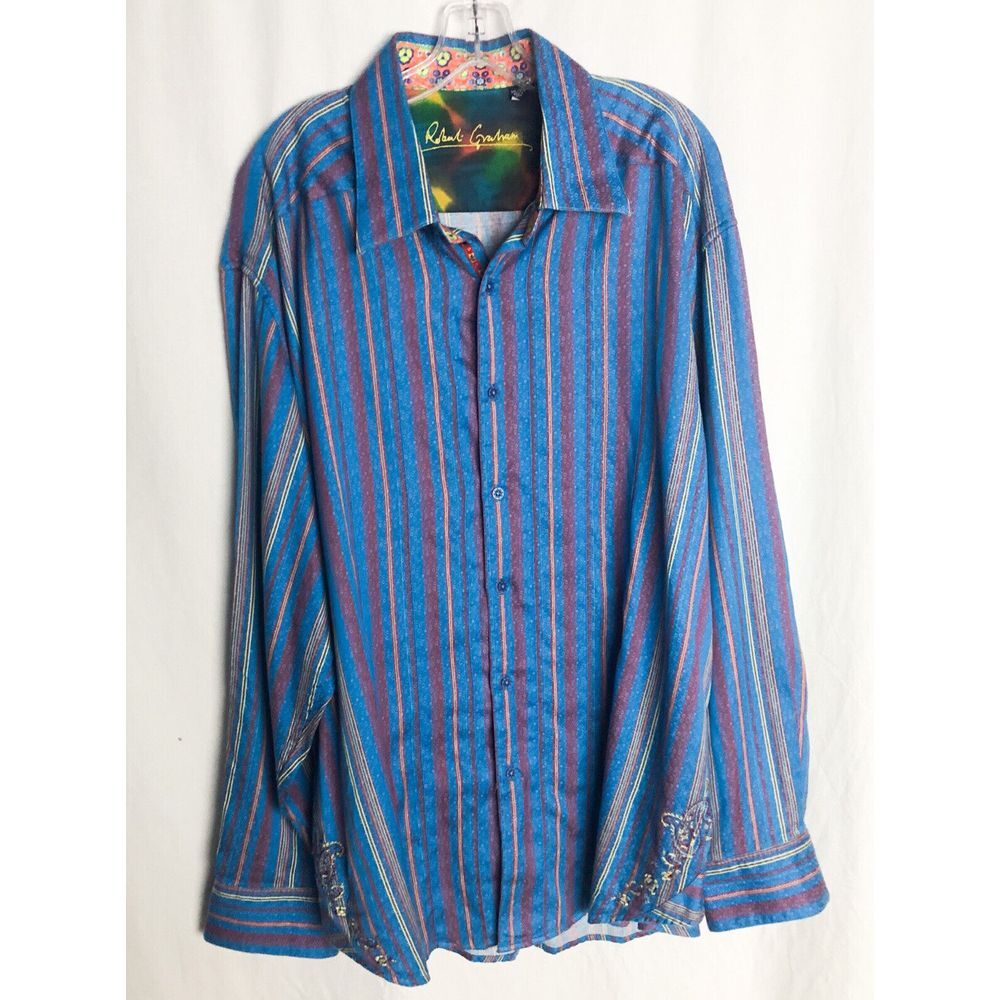 ROBERT GRAHAM GORGEOUS Boho Striped   Men's FLIP CUFFS SHIRT 3XL‎ Embroidered